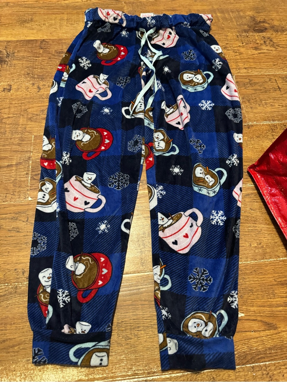 Women's M Blue Plaid Pajama Pants with Hot Cocoa and Snowman Print NEW